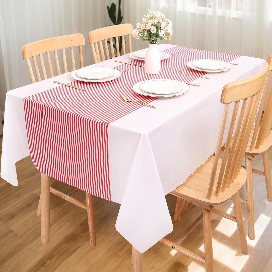 3 Packs Disposable Table Cover Red and White Striped Tablecloth Plastic with Paper-Like Textured Surface,54x108 Inches Waterproof Rectangle Tablecloths for Carnival Decorations