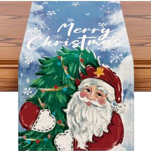 OTOSTAR Christmas Tree and Santa Claus Merry Christmas Table Runner, Xmas Seasonal Winter Holiday Kitchen Dining Table Decoration for Home Party Decor 13x36 Inch (Blue)