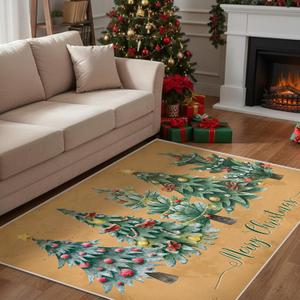 Tinideya Vintage Christmas Area Rug 3x5ft Brown Xmas Trees Indoor Outdoor Rug Merry Christmas Door Mat Nonslip Washable Kitchen Carpet Holiday Decor Foldable Floor Cover for Living Room Bedroom Dining