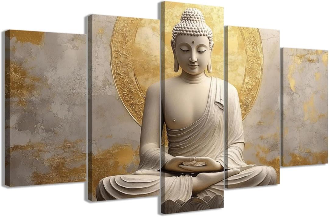 CCWACPP 5 Piece Buddha Canvas Wall Art Buddha Statue Painting Prints Large Zen Wall Decor for Living Room Bedroom Meditation Yoga Room Home Decor Framed (8"x14"x2 8"x18"x2 8"x22"x1) (Gold)