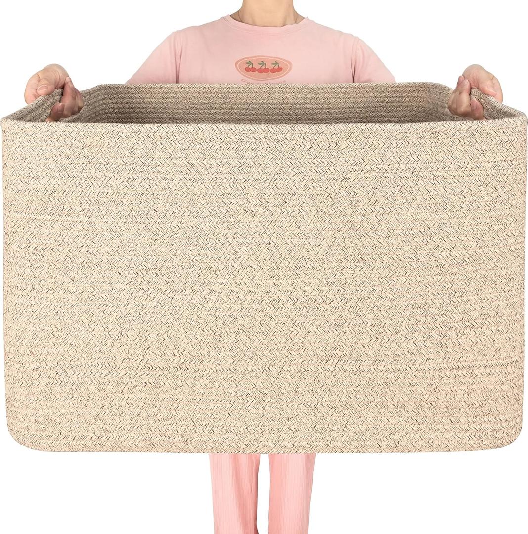 MINTWOOD Design 112L Extra Large Blanket Basket Holder Living Room, 25"x17"x16" Rectangle Rope Woven Storage Basket with Handles for Laundry, Towels, Shoes, Dog Toy Organizer Bin Box, Oatmeal Brown
