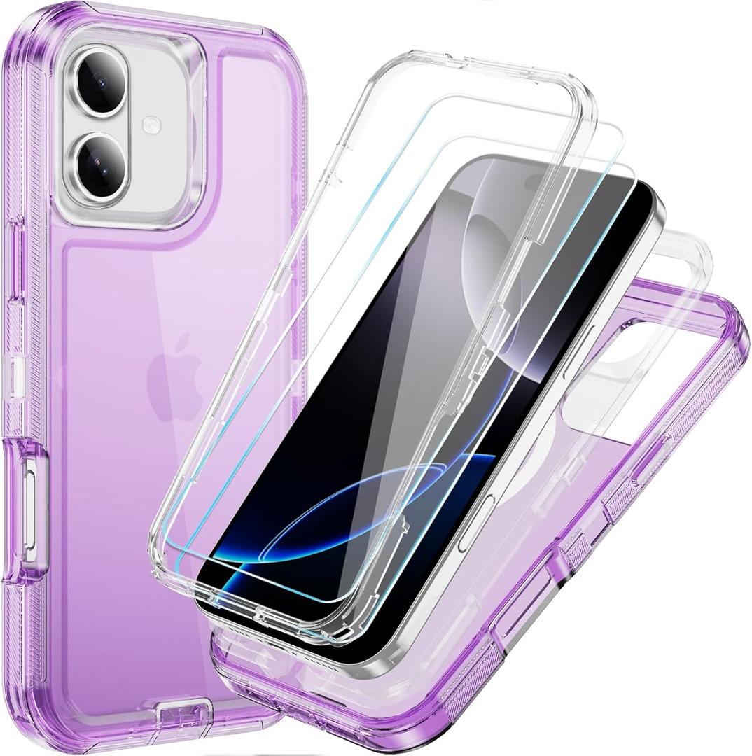 Compatible with iPhone 16 Case with HD Screen Protector, Heavy Duty Shockproof [3 in 1] Clear Phone Cases for iPhone 16 6.1" (Purple)