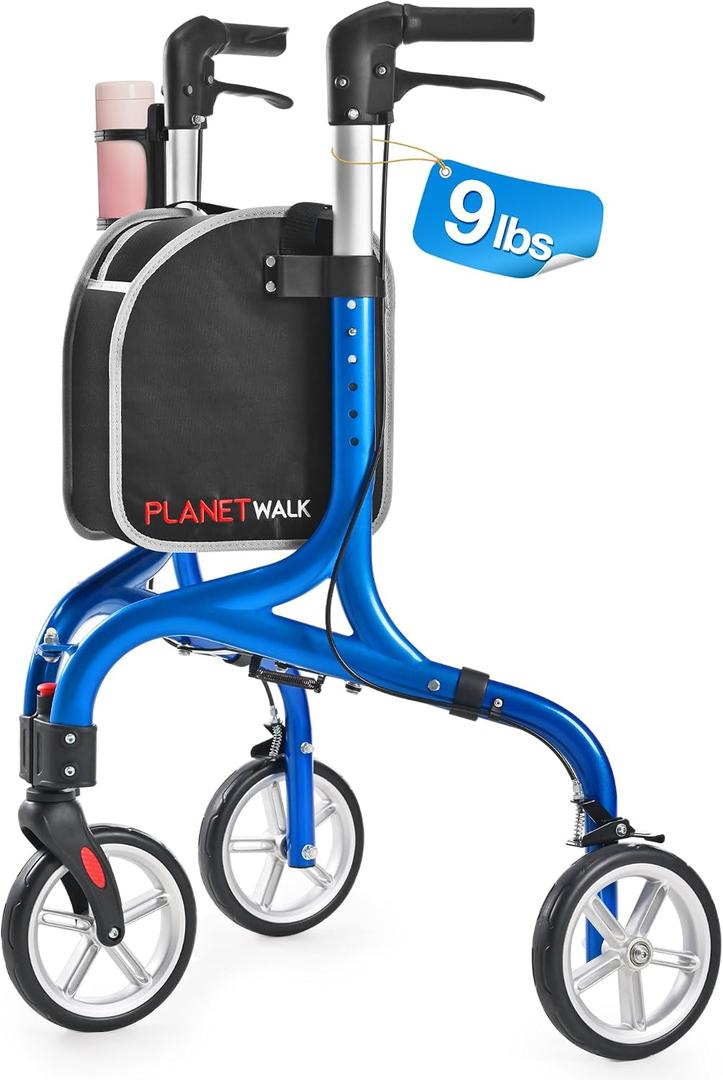 PLANET WALK Super Lightweight 3 Wheel Walkers for Seniors - 9 lbs Foldable Aluminum Frame, Triangular Anti-Tip Frame enhances Stability, 8" All-Terrain Wheels Rollator Walker with Cup Holder Blue