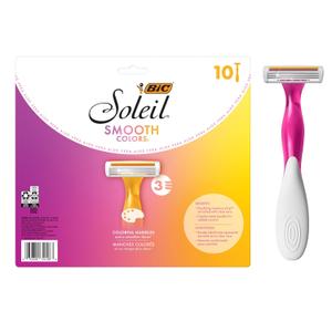 BIC Soleil Smooth Colors Women's Disposable Razors With Aloe Vera and Vitamin E Lubricating Strip for Enhanced Glide, With 3 Blades, 10 Count (10 Count (Pack of 1))