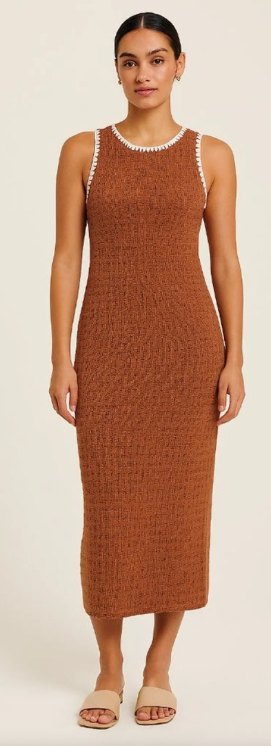 BTFBM Womens Knit Bodycon Midi Dress Casual Sleeveless See Through Cover Up Dresses Crew Neck Slit Tank Summer Dresses, Brown, Size: L