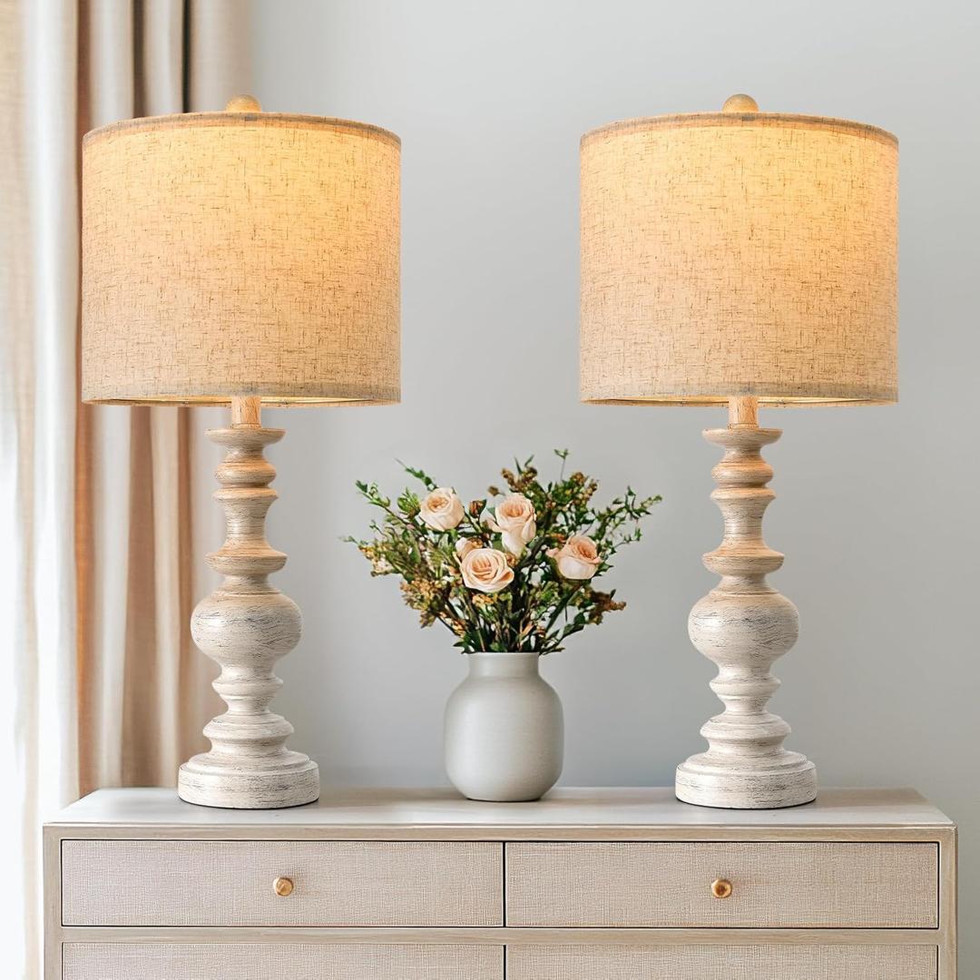 BOBOMOMO 24" Farmhouse Resin Table Lamp Set of 2, Vintage Lamps for Living Room Bedroom with Linen Shades, Traditional Rustic Bedside Lamps Retro Table Lamps for Living Room, Bedroom, Office (Antique White)