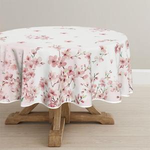 Horaldaily Spring Tablecloth 90×90 Inch Round, Pink Cherry Blossoms Washable Seasonal Table Cover for Party Picnic Dinner Decor