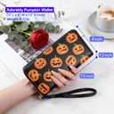 Halloween Pumpkin Wallet for Women, PU Faux Leather Zip Around Wallet with Wristlet, 12 Card Slots Large Capacity Credit Card Holder