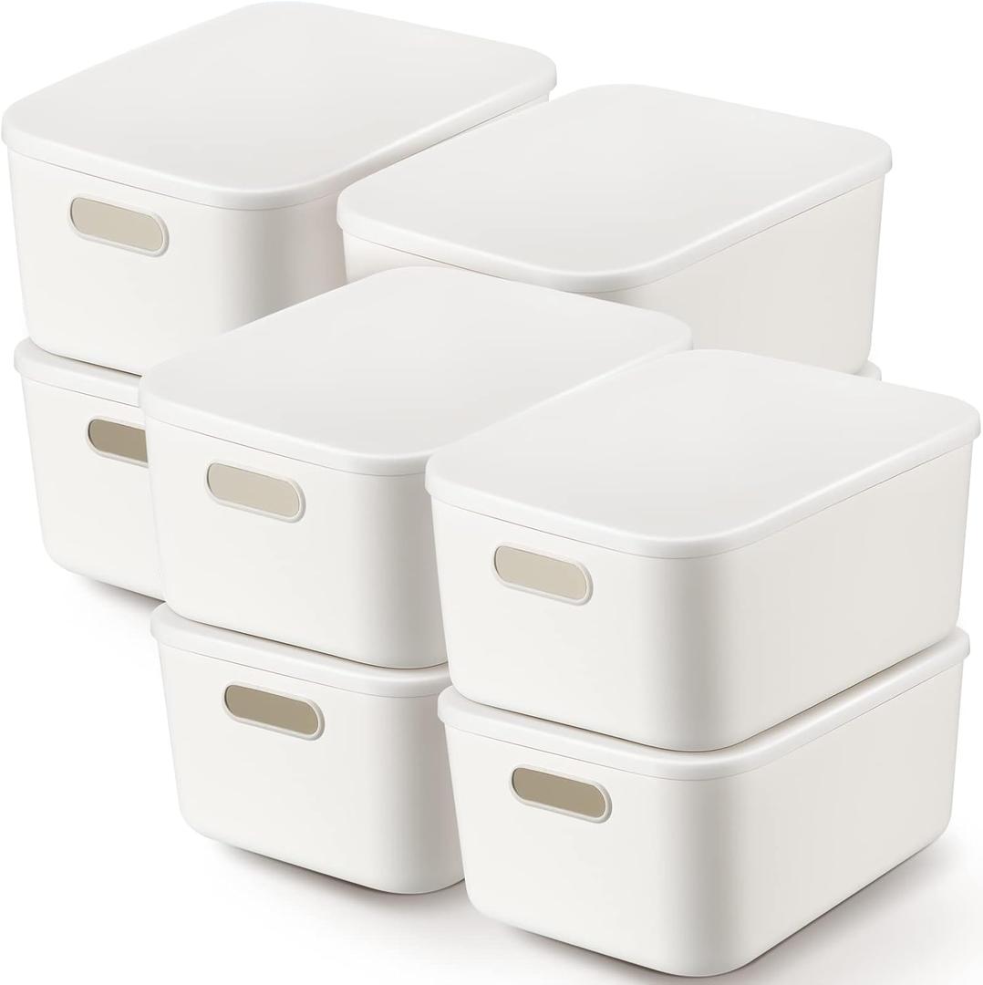 Tuanse 8 Pieces White Plastic Storage Bins with Lids, Stackable Storage baskets with Handle Containers Box for Shelves Drawers Desktop Playroom Classroom Office Organization(14 x 10.5 x 6.5 Inches)