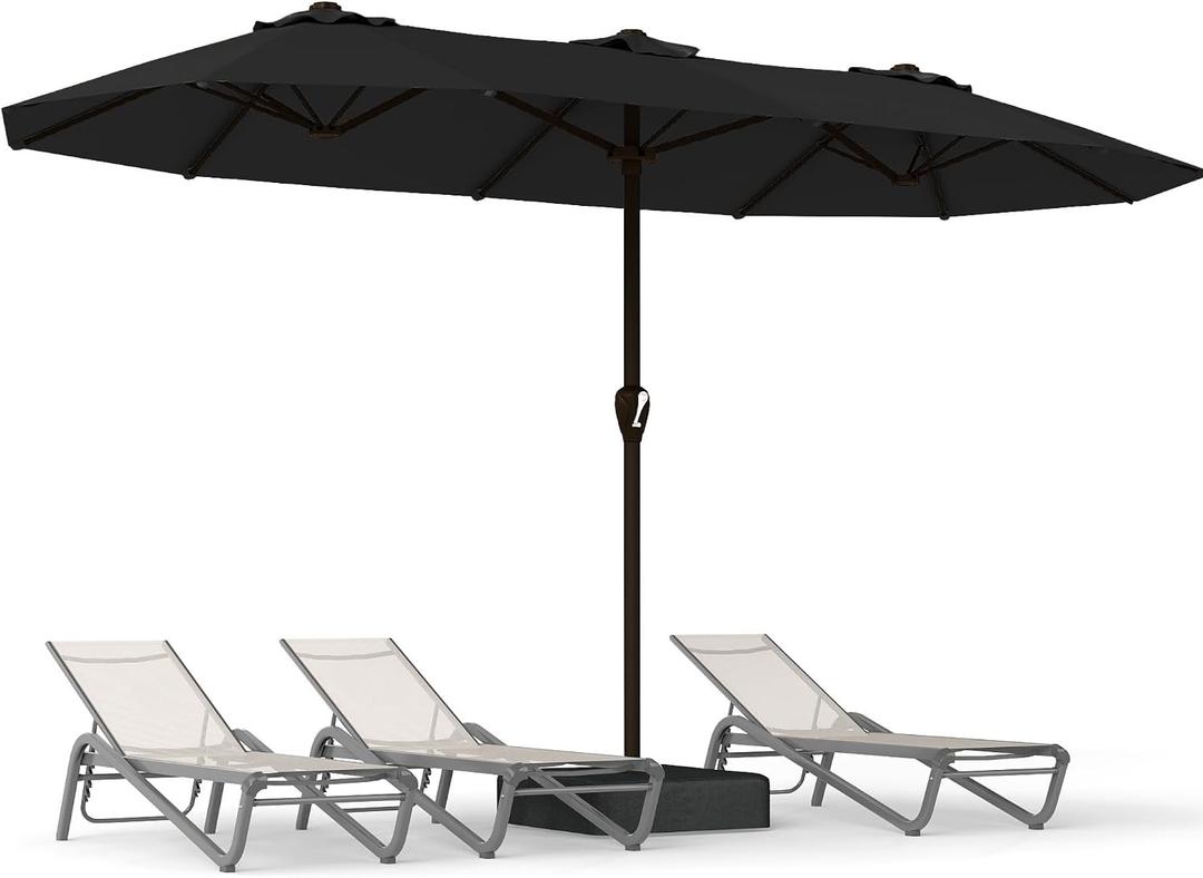 15FT Large Patio Umbrella with Base, Double Sided Rectangular Outdoor Umbrella with Sturdy Fiberglass Ribs, UPF 50+ Sun Protection, Wind-Resistant, Waterproof Fade-Resistant Fabric for Pool, Garden, Backyard, Deck(Black)