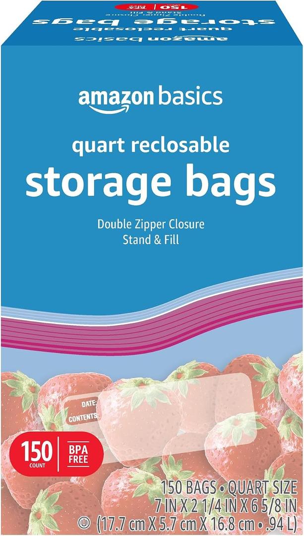Amazon Basics Reclosable Quart Food Storage Bags with Double Zipper Seal, BPA Free, 150 Count