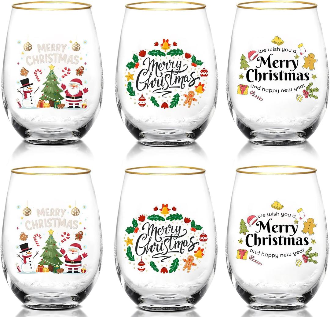 CHLJAR 20OZ Christmas Wine Glasses Cups Set, 6pack - Merry Christmas Designs with Gold Rim, Thoughtful Gift for Family & Friends, Ideal for Holiday Parties & Winter Celebrations