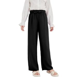 Girls Wide Leg Palazzo Pant Loose Straight Cute Bow Waist Spring Summer Lightweight Dress Pant for Kids (13-14 Years, Black)