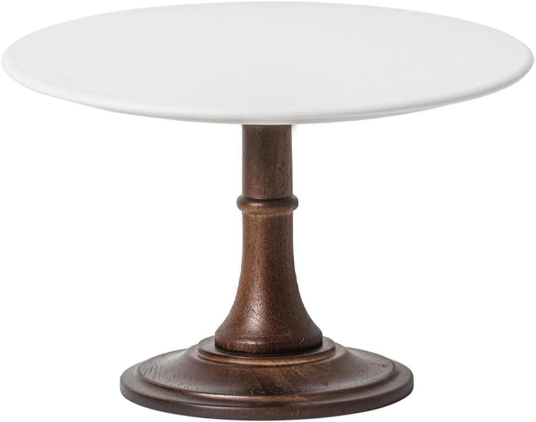 Kanwone 10-Inch Ceramic & Acacia Wood Cake Stand, White, Round Wedding Cake Display Stand