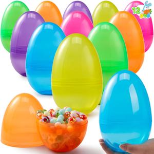 JOYIN 12 Pcs 7" Jumbo Plastic Easter Eggs, Clear 6 Assorted Colors Empty Eggs for Filling Treats Easter Party Favor Hunt Basket Stuffers Fillers Classroom Prize Supplies Toy