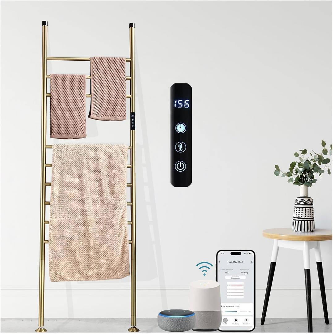 Freestanding Heated Towel Rack Electric Towel Warmer 110W Smart WiFi Voice Control 115F155F Adjustable, 24H Timer, 9-Bar Hot Towel Rack, Blanket Ladder Holder, No Installation (Brushed Gold)