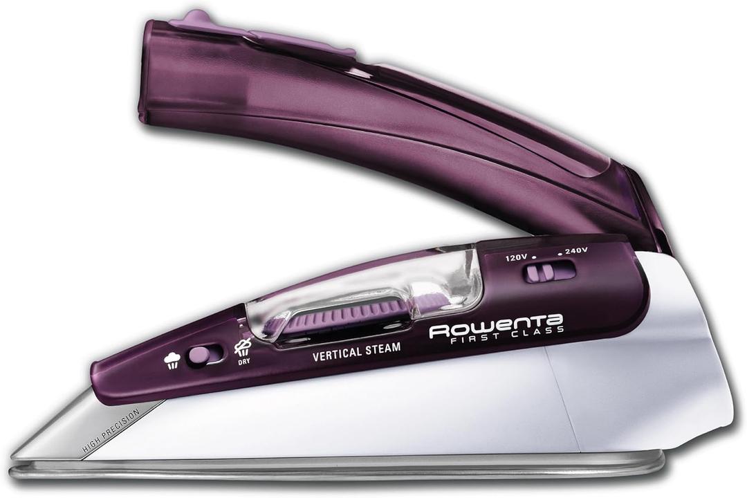 Rowenta Travel Iron, Pro Compact Stainless Steel Soleplate Hand Held Steamer Iron for Clothes, 200 Microsteam Holes, 1000 Watts Ironing, Fabric Steamer, Dual Voltage, Mini Iron, Purple, DA1560