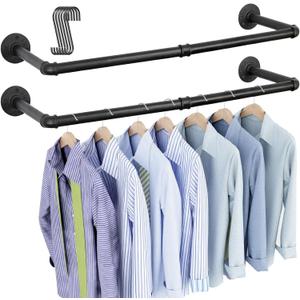 OROPY Industrial Pipe Clothes Rack Wall Mounted Set of 2, 38.4 inches Heavy Duty Iron Pipe Clothing Garment Rail, Multi-Purpose Clothing Hanging Rod for Laundry Room and Closet Storage