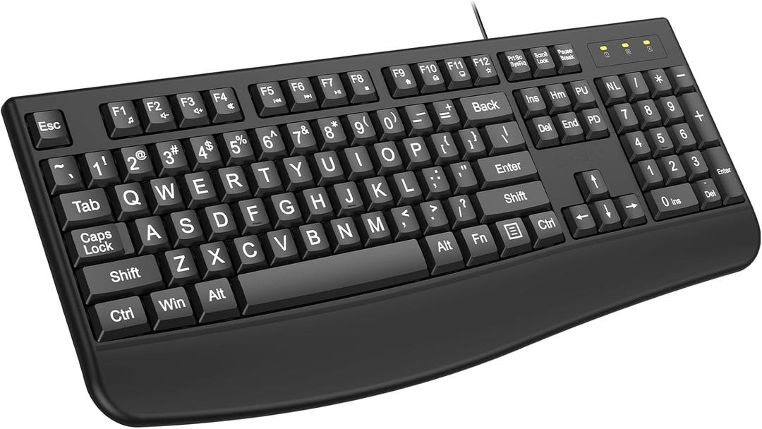 QUASIO Large Print Ergonomic Keyboard, Full Size Keyboard with Wrist Rest, Silent Wired USB Computer Keyboard Oversized Letter Keys 4X Larger Easy to See & Type for Laptop, PC, Windows, Desktop