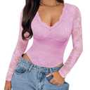 SAUNGKUAI Women's V Neck Lace Bodysuit Long Sleeve Bodysuits Double Lined Going Out Tops Y2K Trendy Thong Outfits (XL, Pink)