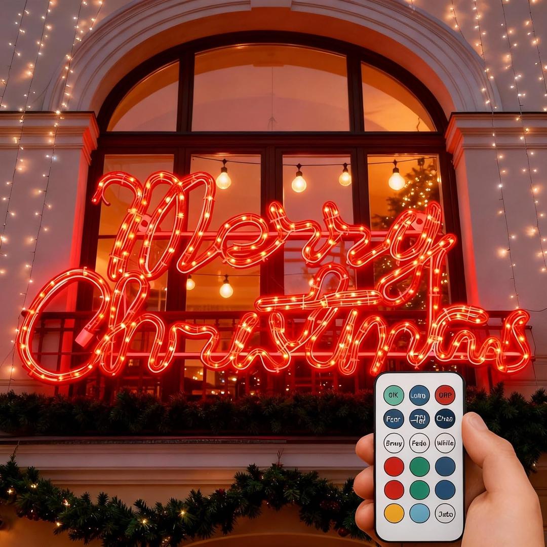 Outdoor Lighted Merry Christmas Sign Decor with Remove Control 31" Extra Large Red Waterproof LED Neon Lights Color Changing Pre Lit Display Xmas Garden Yard Window Wall Store Holiday Decor