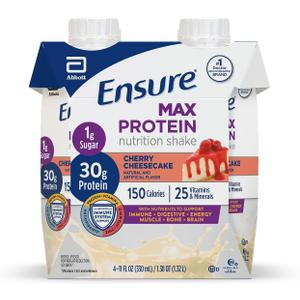 Ensure Max Protein Shake | Cherry Cheesecake | Ready to Drink | 30g Protein for Muscle Health | 1g Sugar, 4g Fiber | 11 fl oz, 4 Pack, Best By 1 JUL 2026