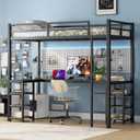 KEIKI Twin XL Metal Loft Bed with Desk & Six Storage Shelves,Sturdy Metal Bed Frame with Ladder & Safety Guardrails,No Box Spring Needed, Perfect for Dorm, Bedroom, Guest Room, Black