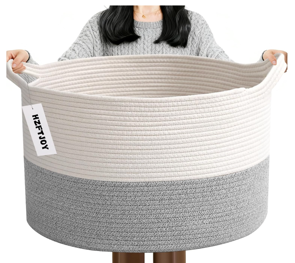 65L Large Blanket Basket,19.7" L x 19.7" W x 13" H Rope Woven Baskets with Handles, Toys Storage Bins,Laundry Basket Perfect for Living Room, Nursery,Bedroom,Home Organization,Jute&Black