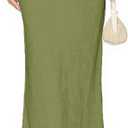 Linen Maxi Skirts with Lining Drawstring Flowy Flared Long Skirts for Women (Small, Green)