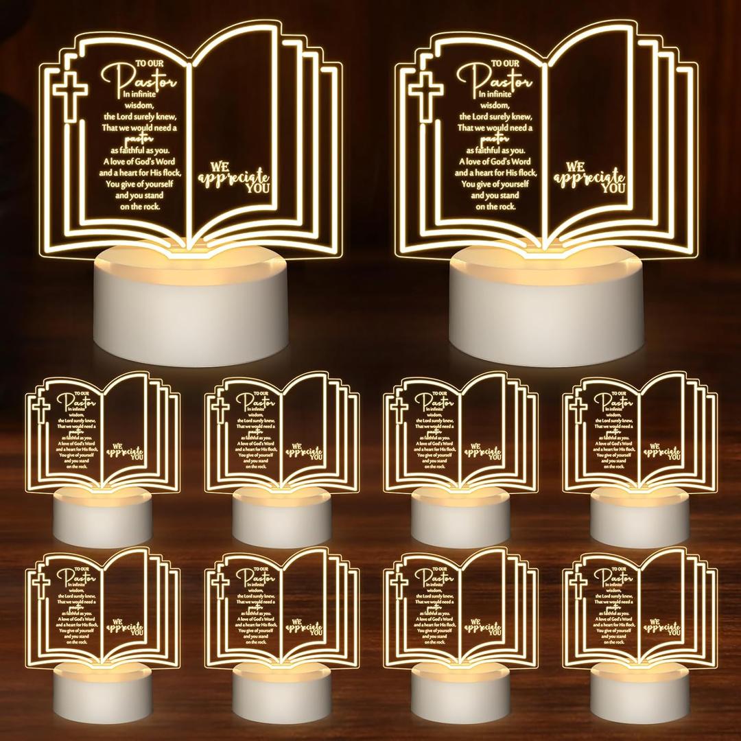 Kosiz 10 Pcs Pastor Appreciation Gifts Bulk LED Light Pastors Gift for Night Men Women Acrylic Clergy Lamp with Base Bible Verse Gifts for Xmas Birthday Anniversary (Classic Pastor)