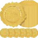Teruntrue 50 Pcs Gold Charger Plates Bulk 13 Inch Plastic Charger Plates for Dinner Plate, Gold Chargers for Table Setting, Reef Design Plate Floral Decorative Round Chargers for Wedding Party, Event