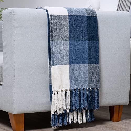 Buffalo Paid Chenille Throw Blanket for Couch, Soft Cozy Decorative Buffalo Check Blanket Throw with Tassels for Bed Sofa, Lightweight Chenille Knitted Throw, Plaid Navy Off White, 50'' x 60''