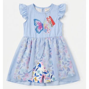 PATPAT Toddler Girl Romper Size 6T, Blue Butterfly Print Ruffle Shoulder Sleeveless Belted Romper Shorts with Mesh Cover Up, Girls Romper 5-6Y