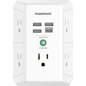 Powericer- Charging Ports, Multi Plug Outlet Extender, 5Ft Braided Extension Cord, Flat Plug Wall Mount Desk Charging Station for Home Office ETL