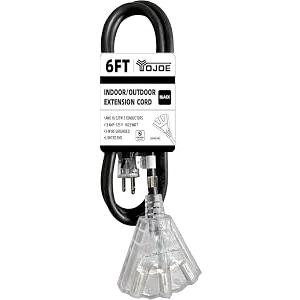 YOJOE Lighted 6 ft Black Outdoor Extension Cord Multiple Outlets 3 Prong - 16/ 3 SJTW 3 Outlet Extension Cord Waterproof, Power Extension Cable for Outdoor Decorations Lights, Appliances - UL Listed