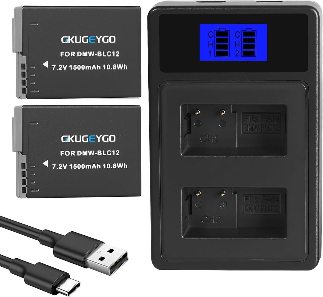 DMW-BLC12 Battery and Dual USB Charger for Lumix G7 G85 G95 FZ1000 GH2 G5 G6 GX8 FZ200 FZ300 Cameras