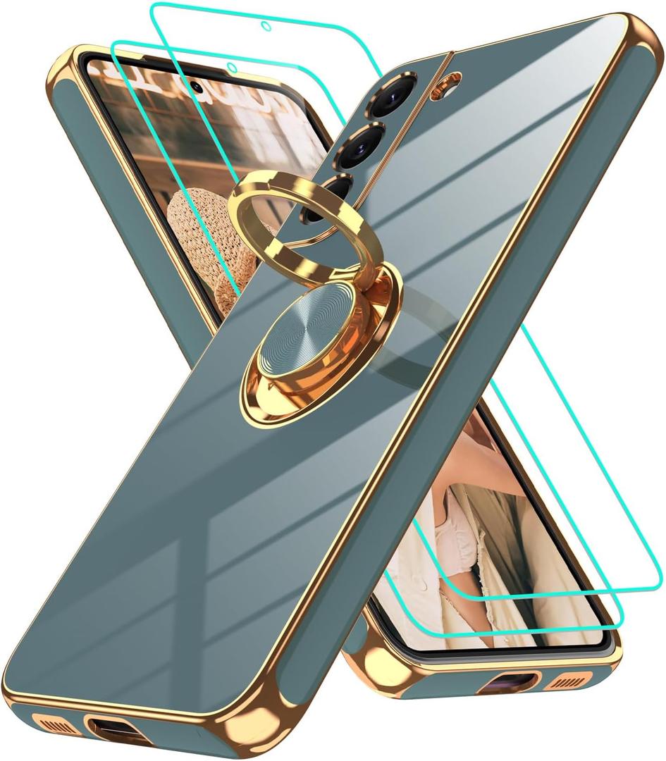 Gritup for Samsung Galaxy S22 Case: with 2Pcs Screen Protector, 360 Rotation Ring Holder Magnetic Kickstand, Plating Gold Edge Soft TPU Shockproof Protective Cover for Galaxy S22, Gray
