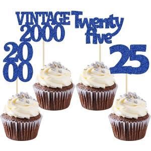 2 x Gyufise 24Pcs 25th Birthday Cupcake Toppers Glitter Twenty-five Vintage 2000 Cheers to 25 Cupcake Picks Birthday Cake Decorations for Happy 25th Anniversary Party Supplies Deep Blue