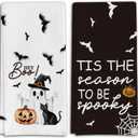 Ghost Pumpkins Bats Cat Hey Boo Halloween Waffle Weave Kitchen Towels, 16x24 Inches