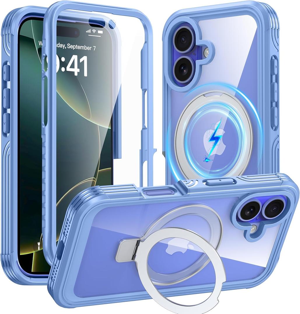 GUSTAVE Magnetic Stand for iPhone 16 Case [Fit for Magsafe] [Built-in 9H Tempered Glass Screen Protector] Full-Body Shockproof Military-Grade Protective Case Sky Blue