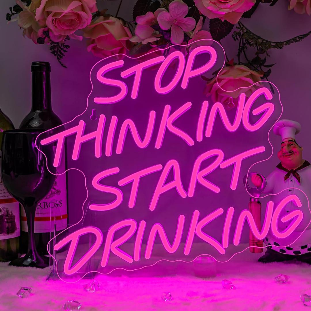 Stop Thinking Start Drinking Neon Sign Pink Led Neon Signs Letter Neon Lights Neon Bar Signs for Wall Decor USB Light Up Sign Neon for Home Bar Man Cave Party Club Restaurant