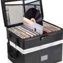 MEBRUDY Vinyl Record Storage Box with Lock, Fireproof & Water Resistant Album Storage for 150+ Records 12 inch, LP Storage Case with Adjustable Handle for Collectors, 16.7" x 13" x 13"