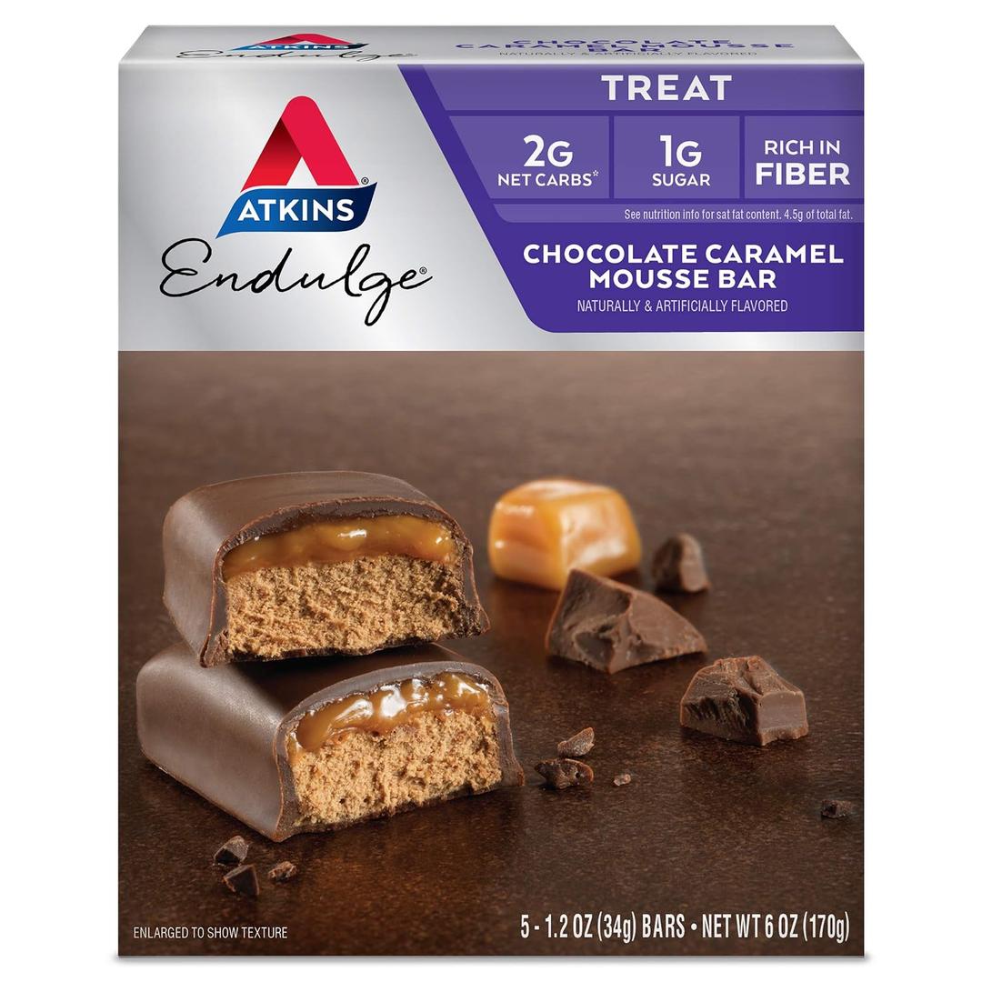 Atkins Endulge Chocolate Caramel Mousse Bar, Dessert Favorite, 1g Sugar, High in Fiber, 5 Count (EXP 02/07/27)