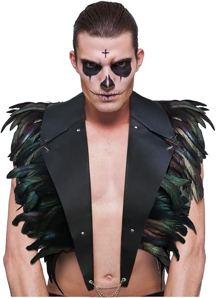 L'VOW Real Black Feather Cape with Metal Chain PU Leather Gothic Shawl Shrug Halloween Costume for Women and Men(Black)