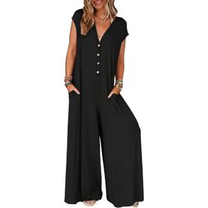 MEROKEETY Women's 2025 Summer Cap Sleeve Jumpsuits Deep V Neck Button Onesie Wide Leg Pants Rompers (Medium, Black)
