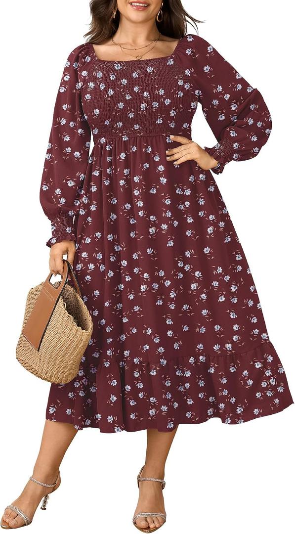 SCOMCHIC Women's Plus Size Maxi Dress Long Sleeve Square Neck Dress Casual Smocked Ruffle Swing Flowy Long Fall Dresses (Brown, XXL)