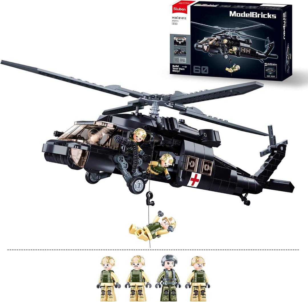 UH-60 Black Hawk Helicopter Military Set, Army Airplane Building Bricks, Rescue Helicopter Model Kits with 4 Soldier Minifigures, Gifts for 6-12 Year Old Kids, Compatible with Lego, 692 PCS