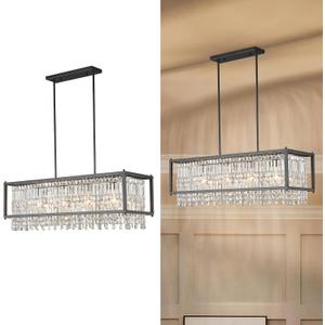 LMQNINE Modern Rectangle Chandelier for Dining Room, Black Crystal Chandelier Linear Light Fixture, Farmhouse Chandeliers for Kitchen Island, Bar Table, L35.43'' x W11.81'' x H9.84'', Square-35.43in
