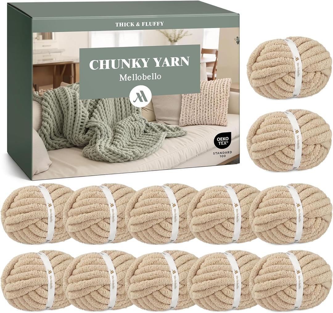 Jumbo Chenille Chunky Yarn for Crocheting - Super Bulky Fluffy Chunky Yarn for Hand Knitting - Extra Thick Soft Blanket Big Yarn 12 Jumbo Pack (27yds,8 oz Each Skein) (Khaki)