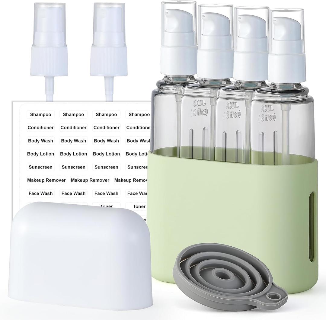 3oz Travel Bottles for Toiletries, 4 Pack Tsa Approved Portable Travel Size Containers for Shampoo Liquid With Labels, Leak Proof Refillable Containers Dispenser Set - Green